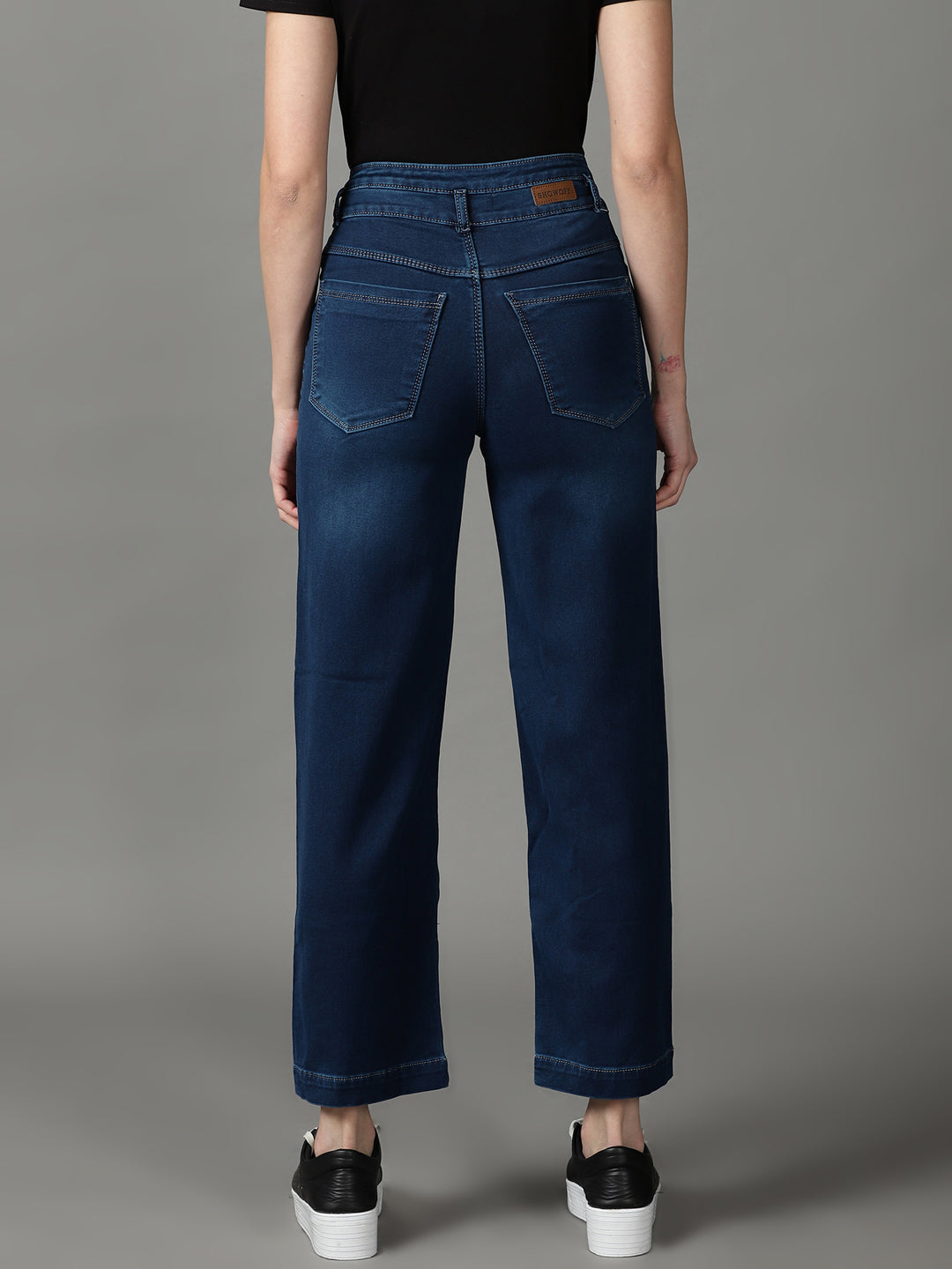 Women's Navy Blue Straight Fit High-Rise Light Fade Cotton Stretchable Jeans