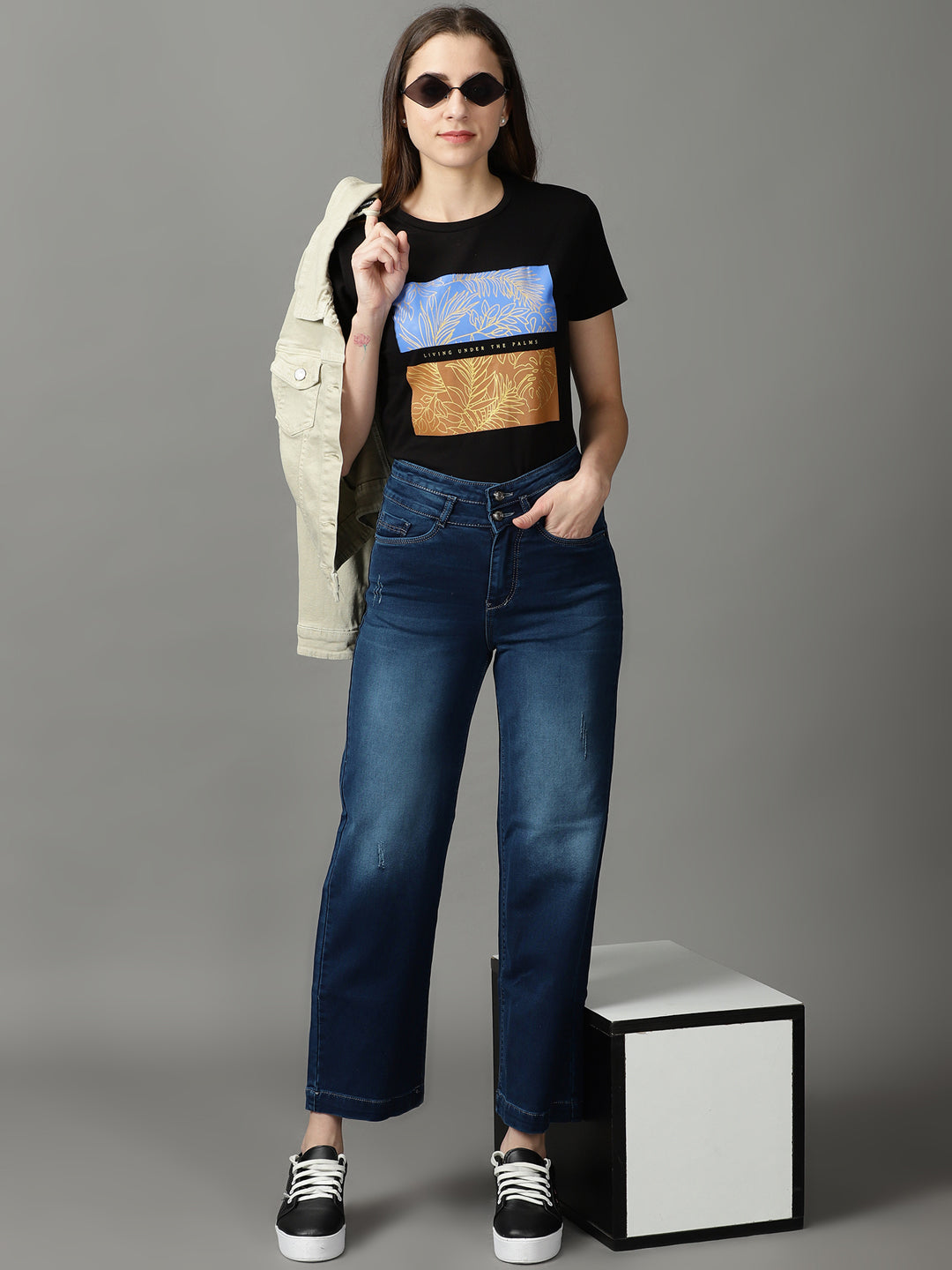 Women's Navy Blue Straight Fit High-Rise Light Fade Cotton Stretchable Jeans