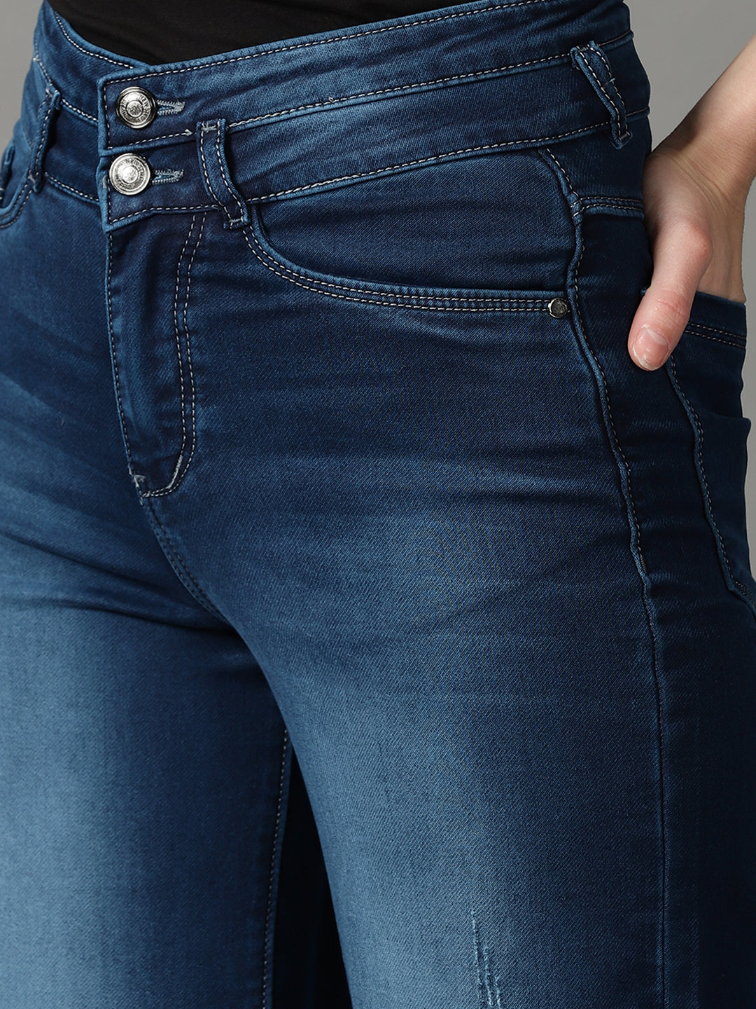 Women's Navy Blue Straight Fit High-Rise Light Fade Cotton Stretchable Jeans