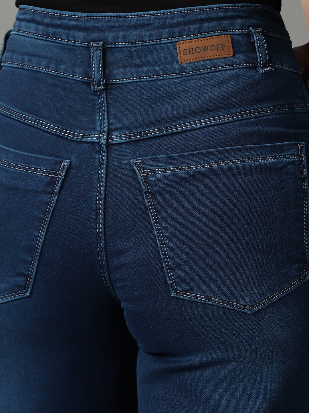 Women's Navy Blue Straight Fit High-Rise Light Fade Cotton Stretchable Jeans