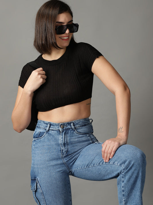 Women's Black Round Neck Crop Top