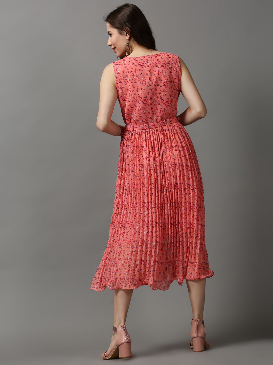 Women's Orange Floral Printed Chiffon Dress