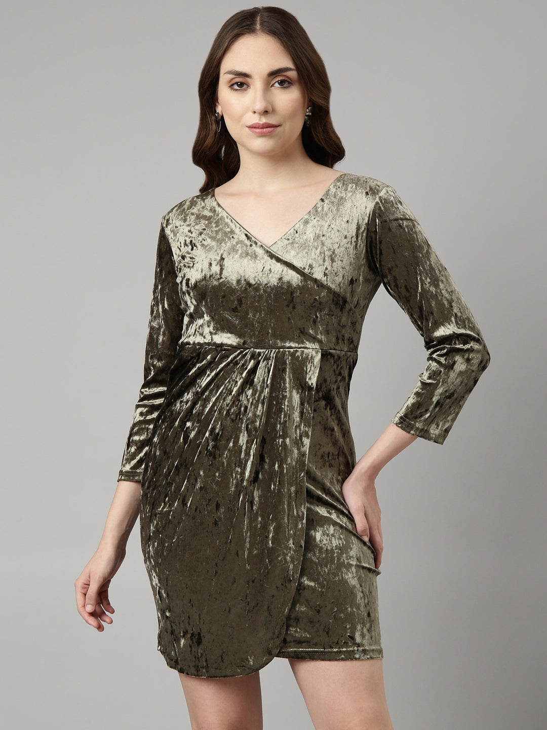 Women's Olive V Neck Three-Quarter Sleeves Velvet Warp Dress