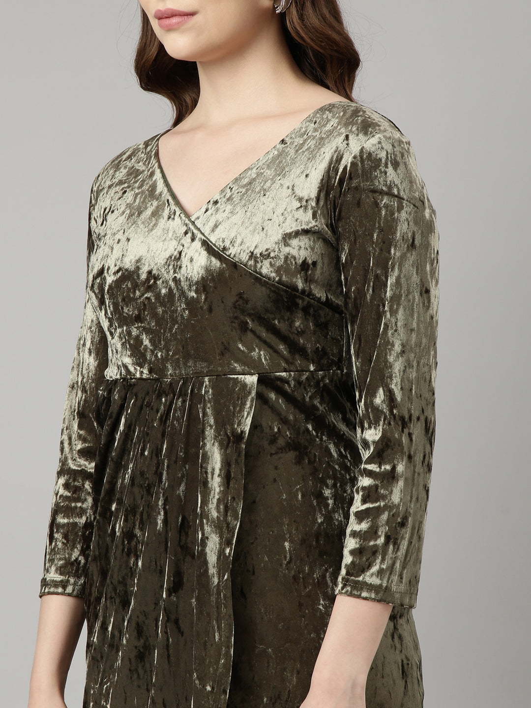 Women's Olive V Neck Three-Quarter Sleeves Velvet Warp Dress