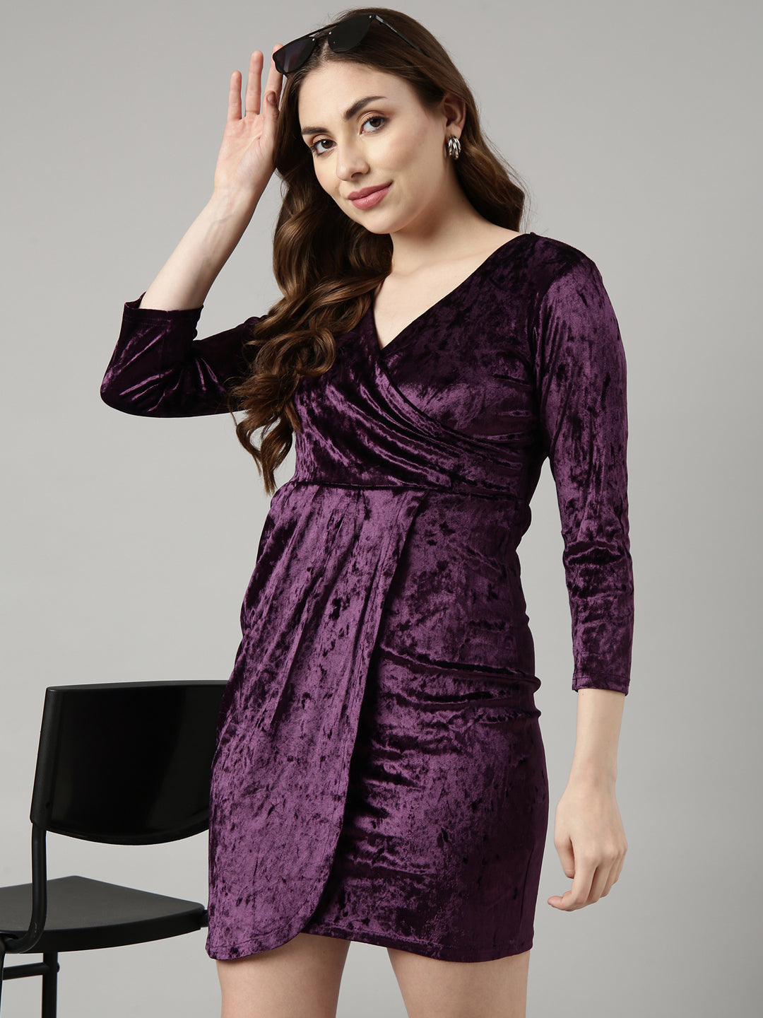 Women's Purple V-Neck Regular Sleeves Wrap Party Dress