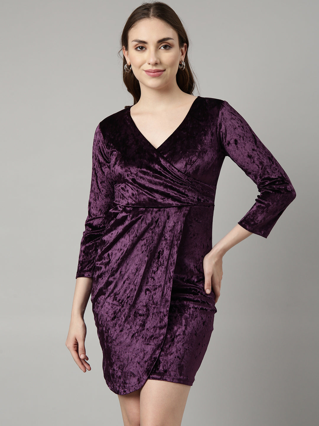 Women's Purple V-Neck Regular Sleeves Wrap Party Dress