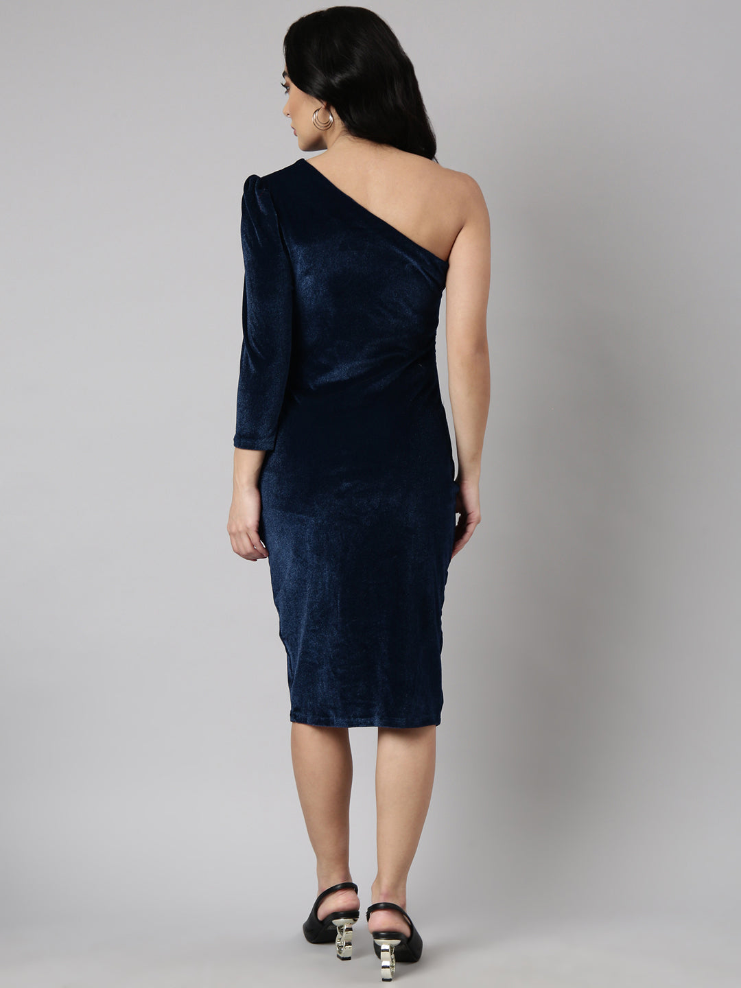 Women's Teal One Shoulder Long Sleeves Wrap Sheath Dress