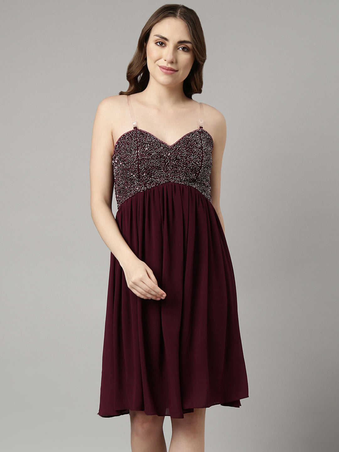 Women's Purple Embellished Shoulder Straps Fit and Flare Dress