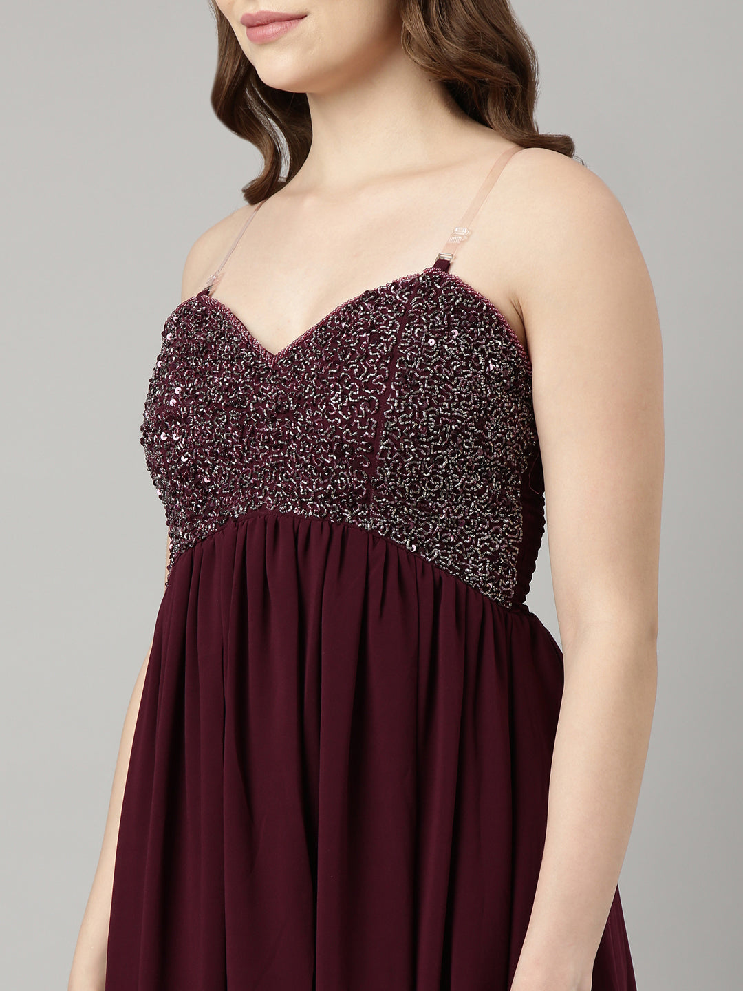 Women's Purple Embellished Shoulder Straps Fit and Flare Dress