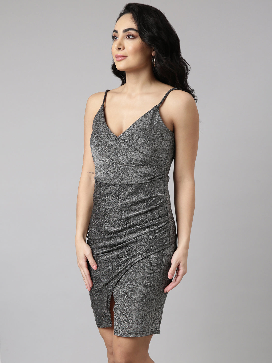 Women's Grey Shoulder Straps Neck Sleeveless Wrap Dress