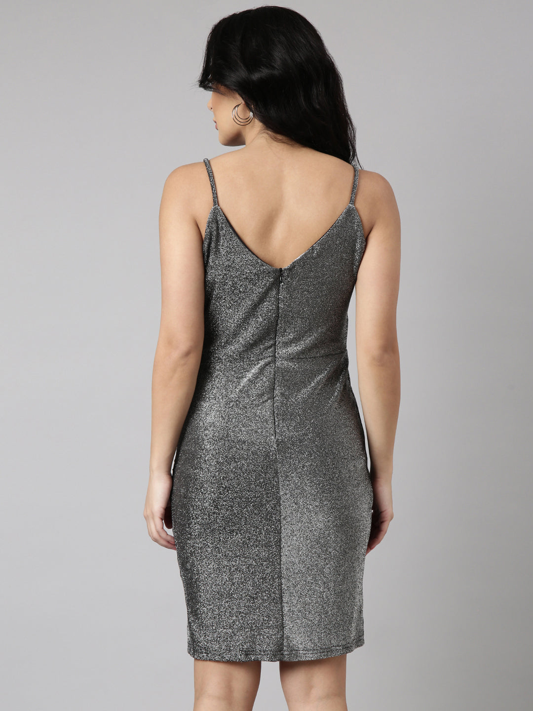 Women's Grey Shoulder Straps Neck Sleeveless Wrap Dress