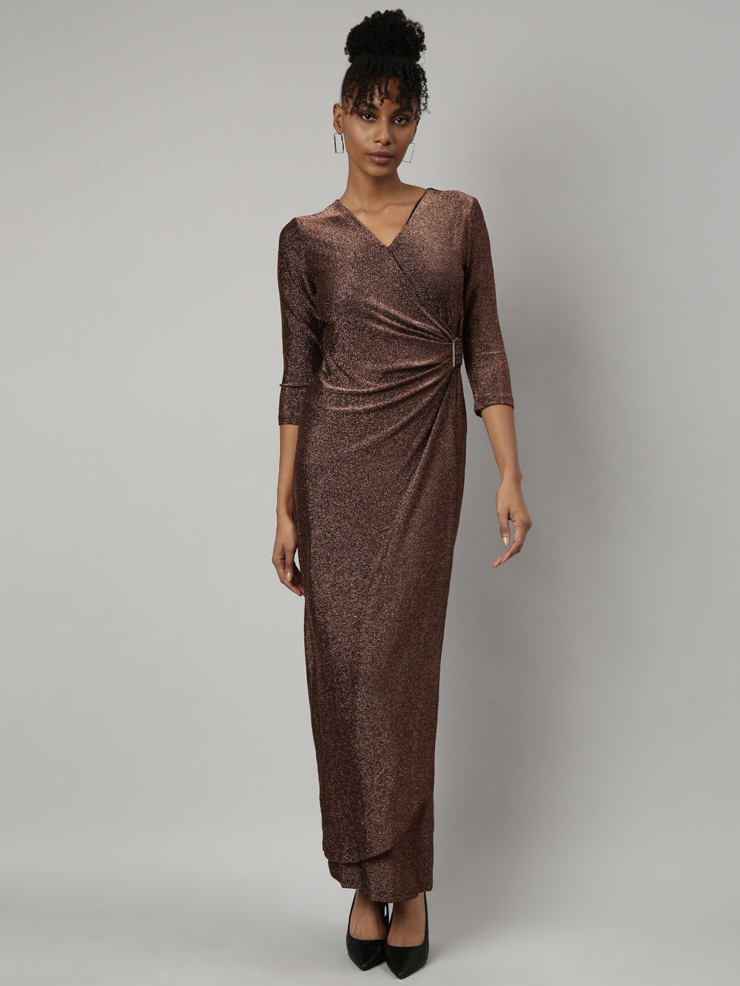 Women's Brown V Neck Three-Quarter Sleeves Warp Midi Dress