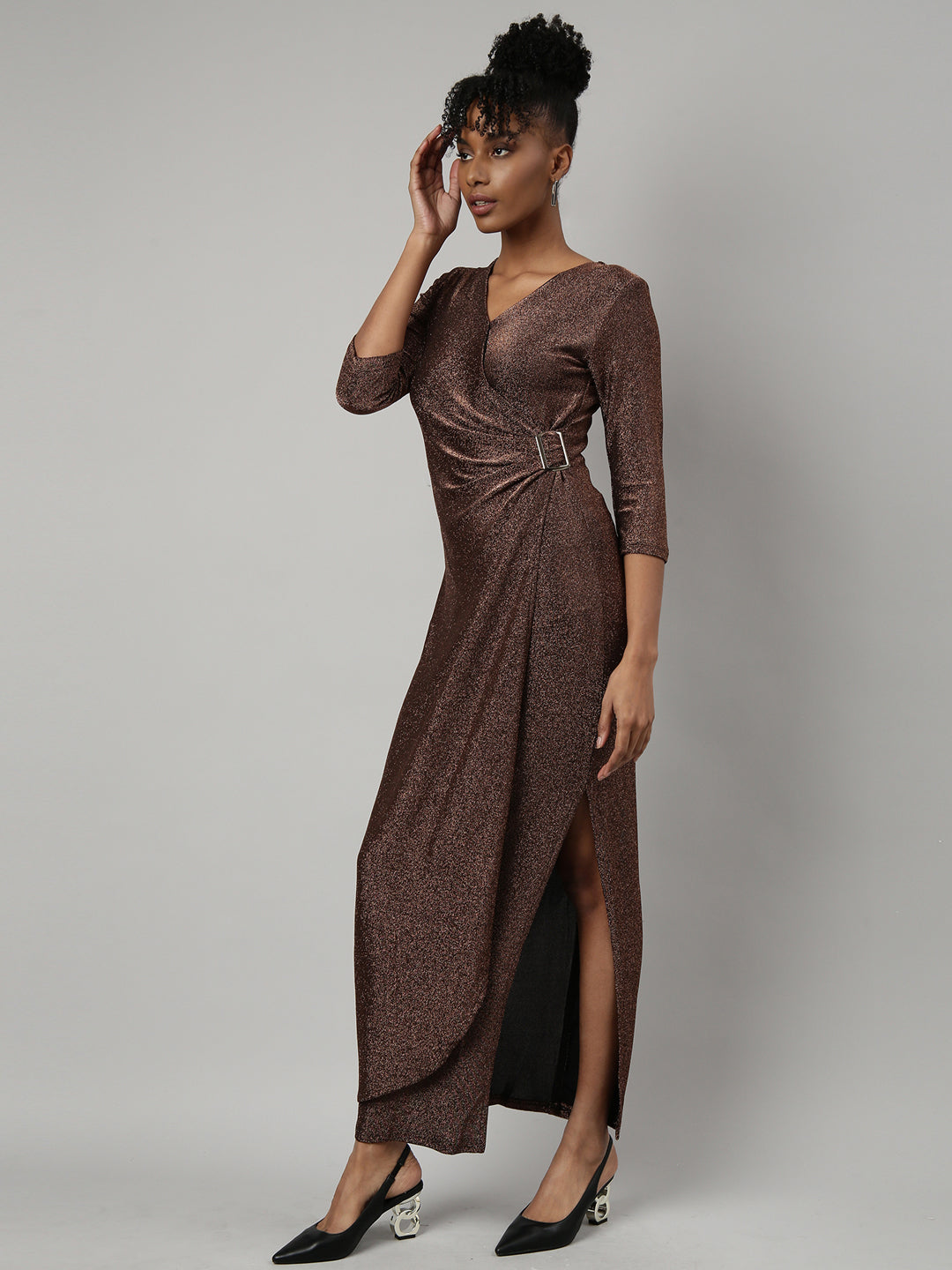 Women's Brown V Neck Three-Quarter Sleeves Warp Midi Dress