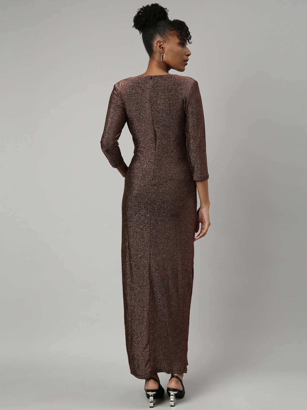 Women's Brown V Neck Three-Quarter Sleeves Warp Midi Dress