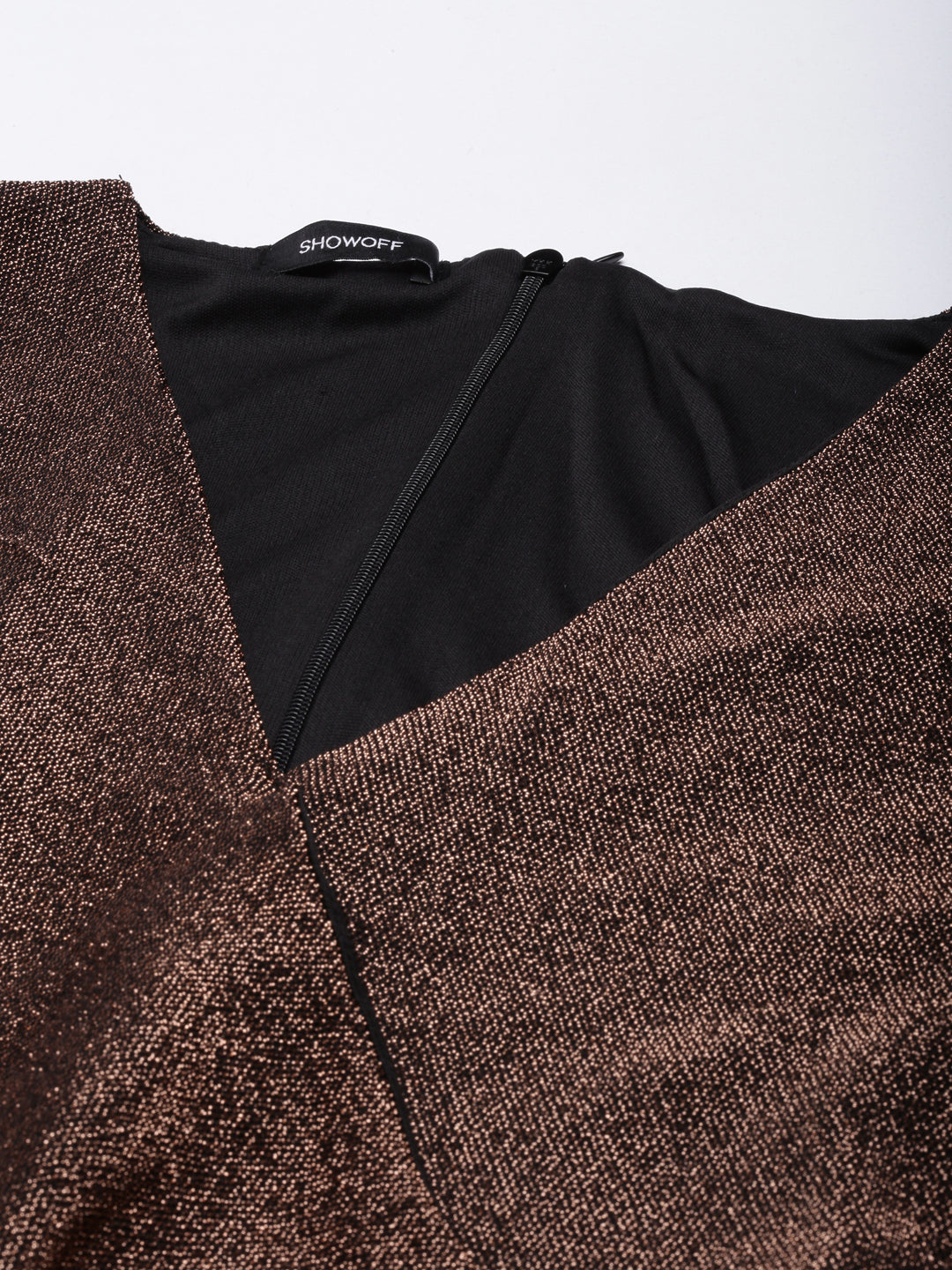 Women's Brown V Neck Three-Quarter Sleeves Warp Midi Dress