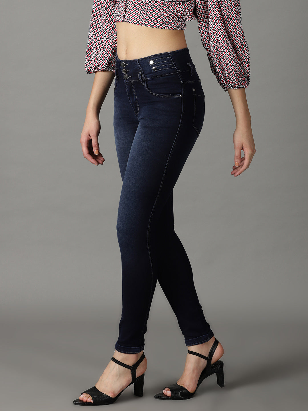 Women's Navy Blue Low-Rise Acid Wash Stretchable Cotton Jeans