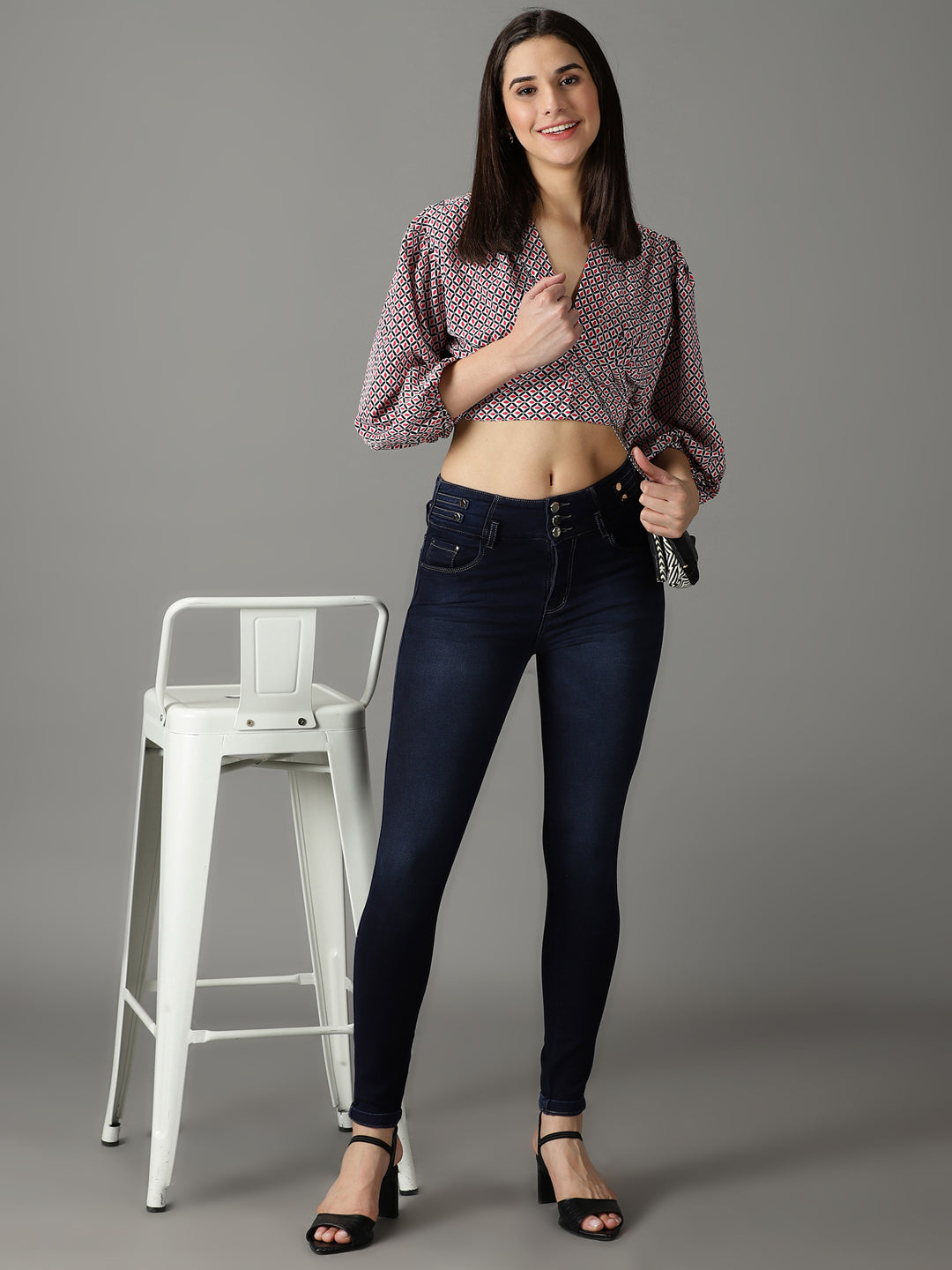 Women's Navy Blue Low-Rise Acid Wash Stretchable Cotton Jeans