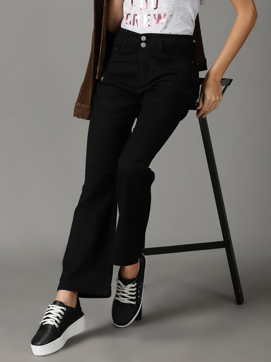 Women's Black Bootcut High-Rise Acid Wash Stretchable Jeans