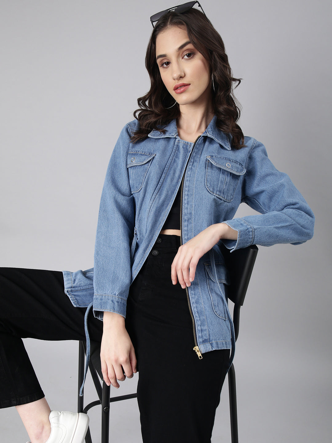 Women's Blue Spread Collar Denim Jacket