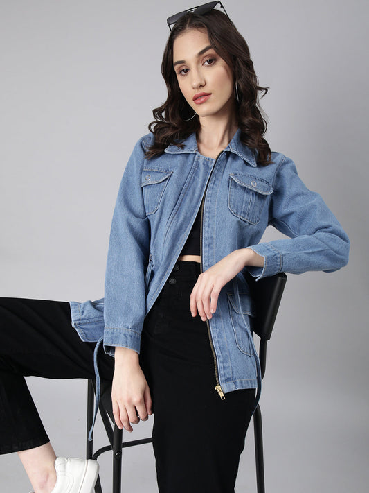 Women's Blue Spread Collar Denim Jacket