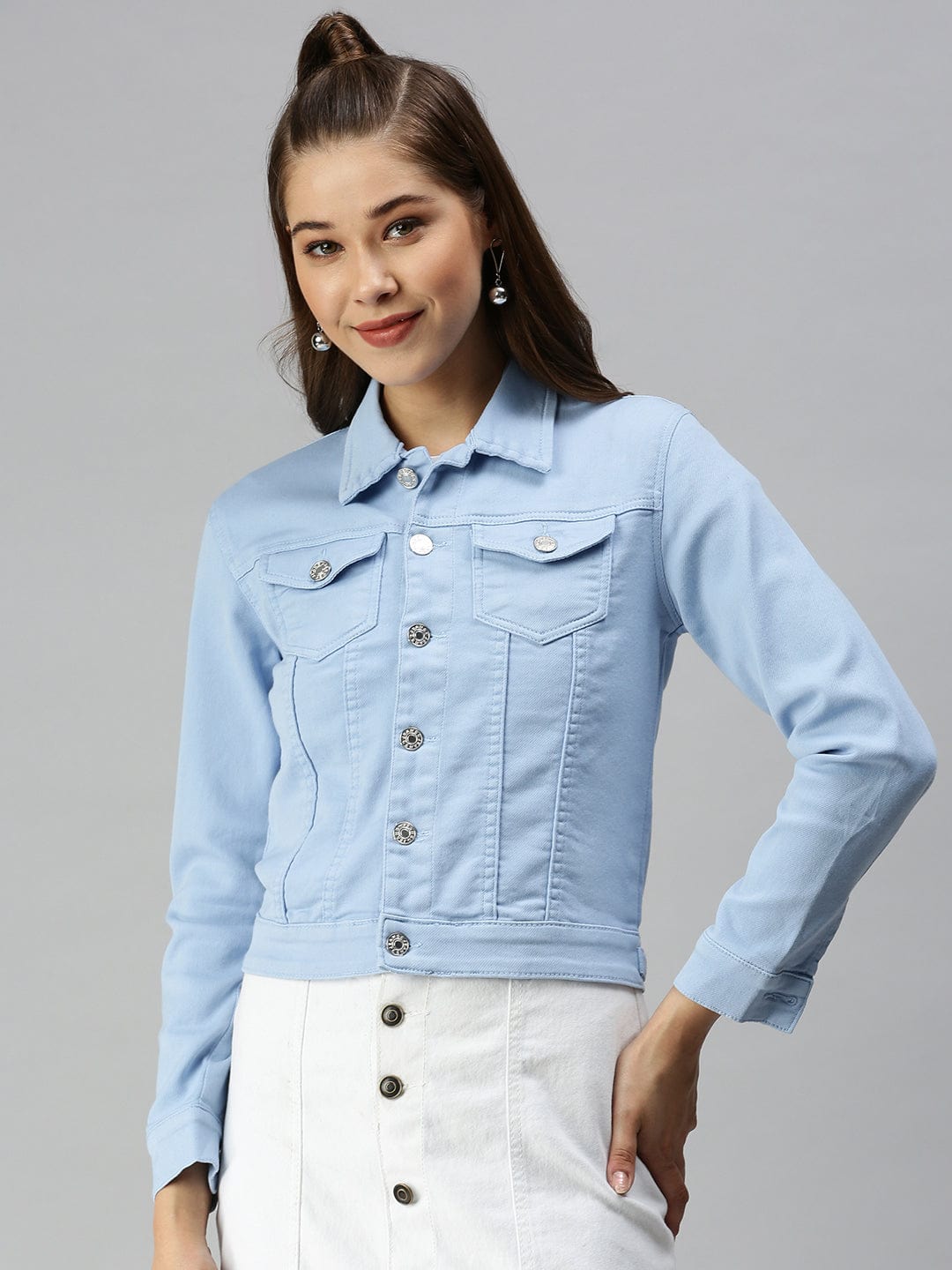 Women's Spread Collar Long Sleeves Blue Denim Jacket