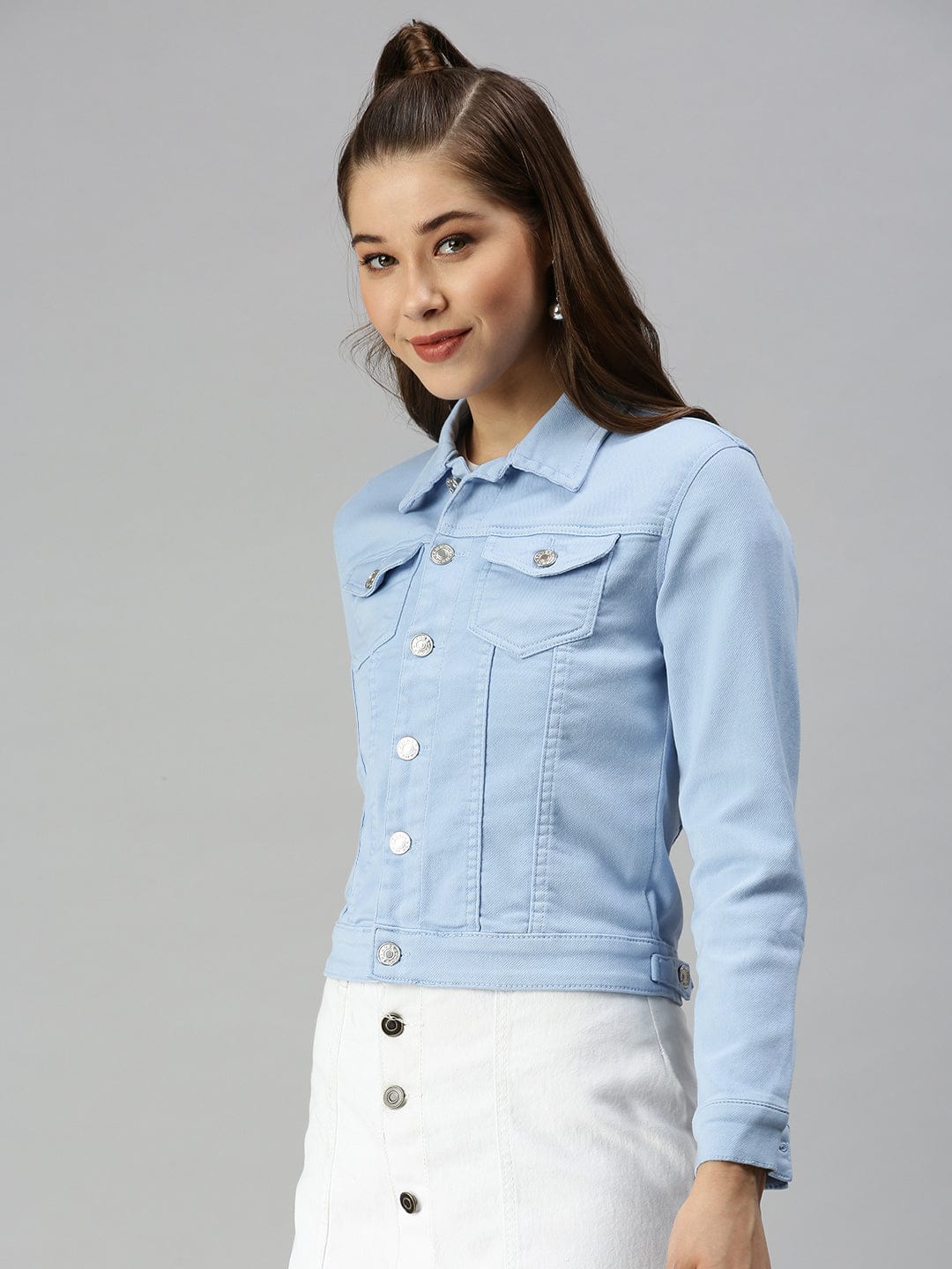 Women's Spread Collar Long Sleeves Blue Denim Jacket