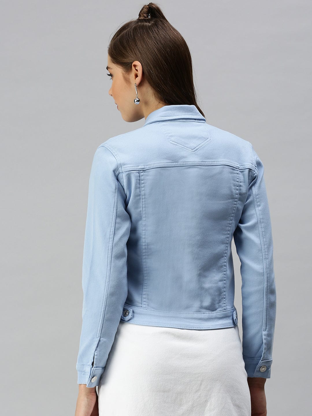 Women's Spread Collar Long Sleeves Blue Denim Jacket