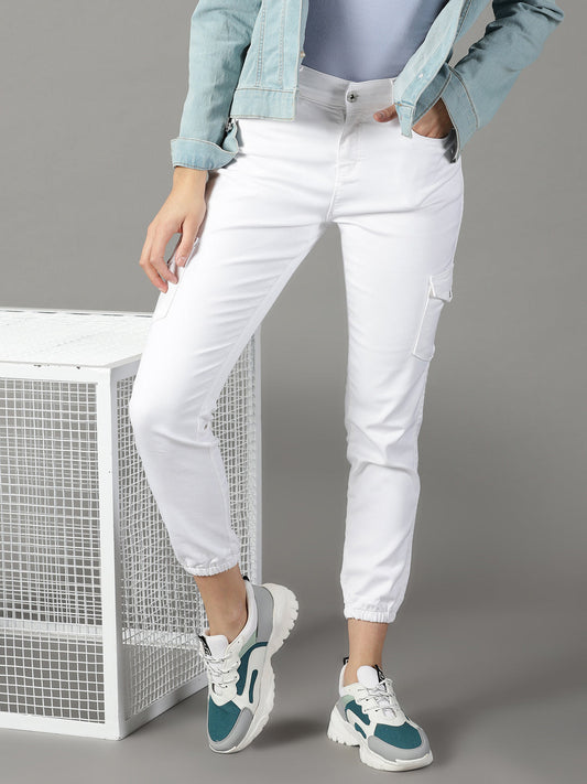 Women's White Solid Jogger Denim Jeans
