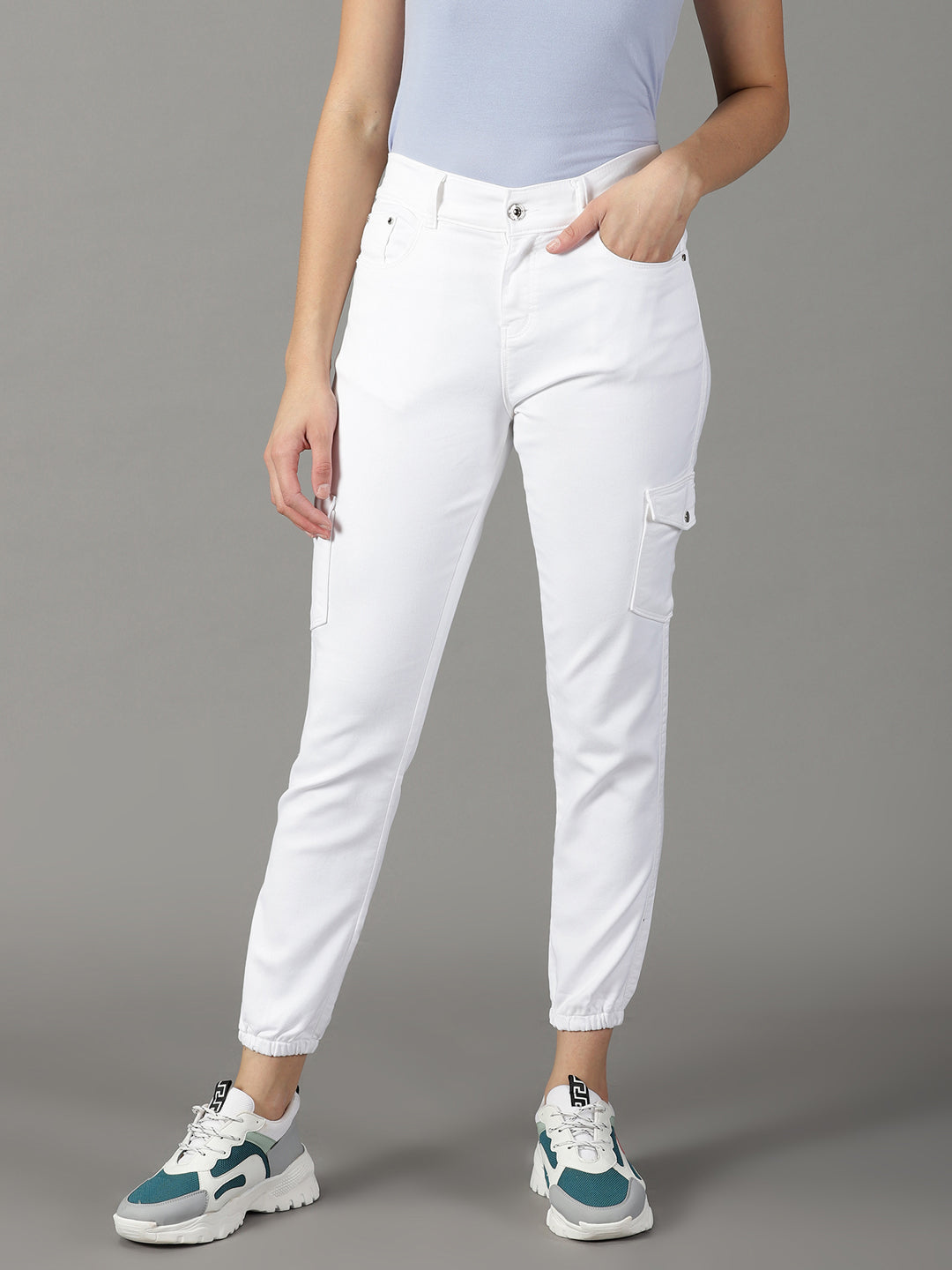 Women's White Solid Jogger Denim Jeans