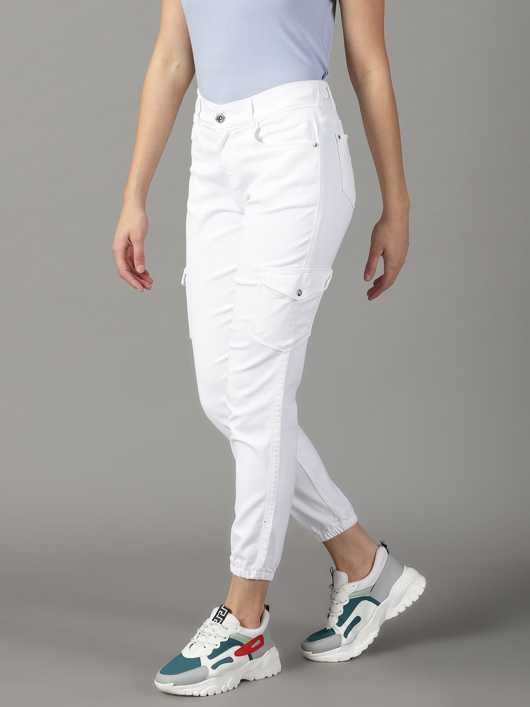 Women's White Solid Jogger Denim Jeans