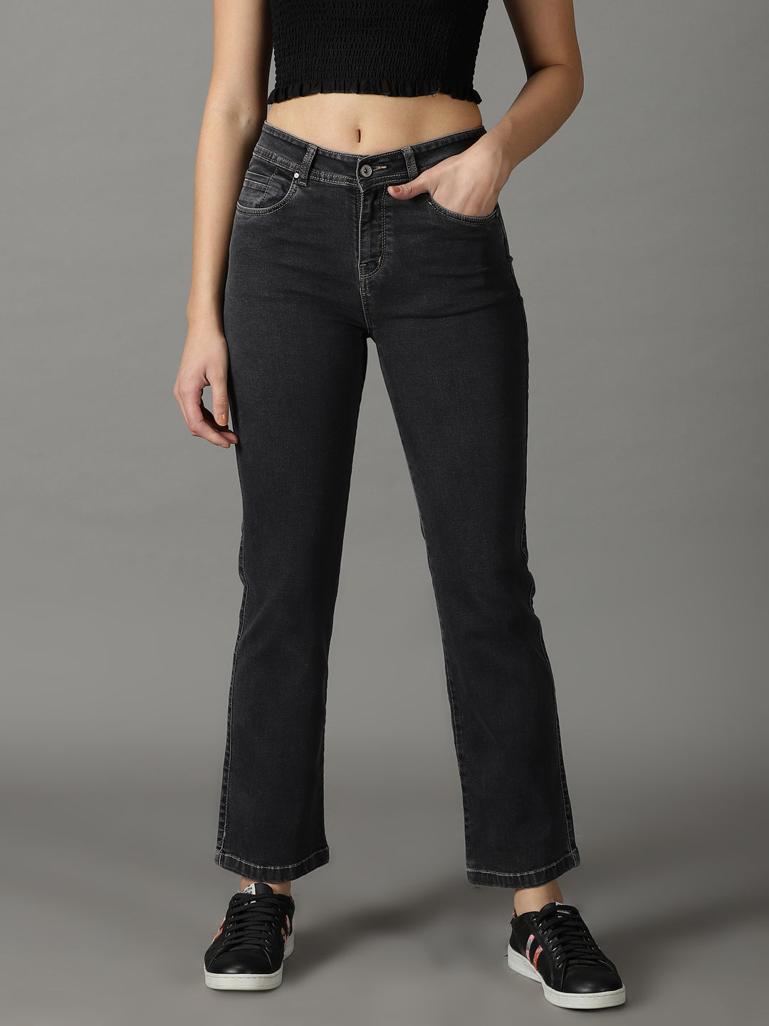 Women's Grey Straight Fit Acid Wash Stretchable Jeans