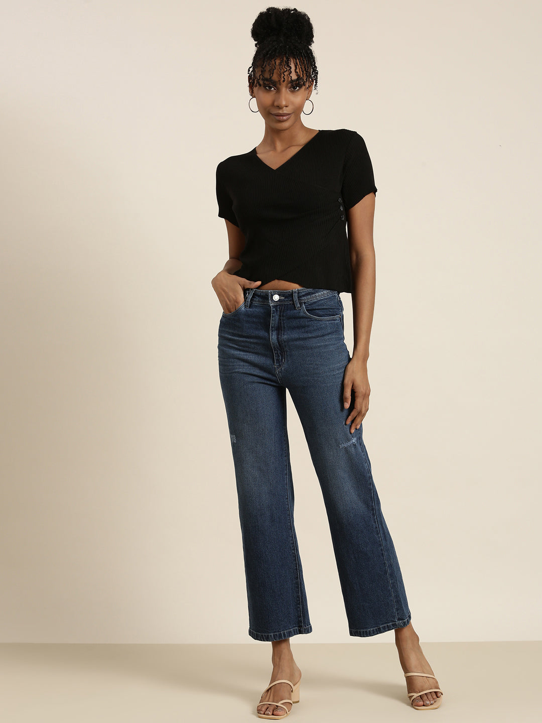 Women's Black V-Neck Wrap Crop Top