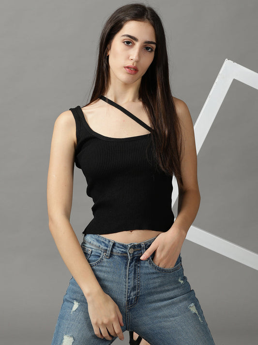 Women's Black One Shoulder Crop Top