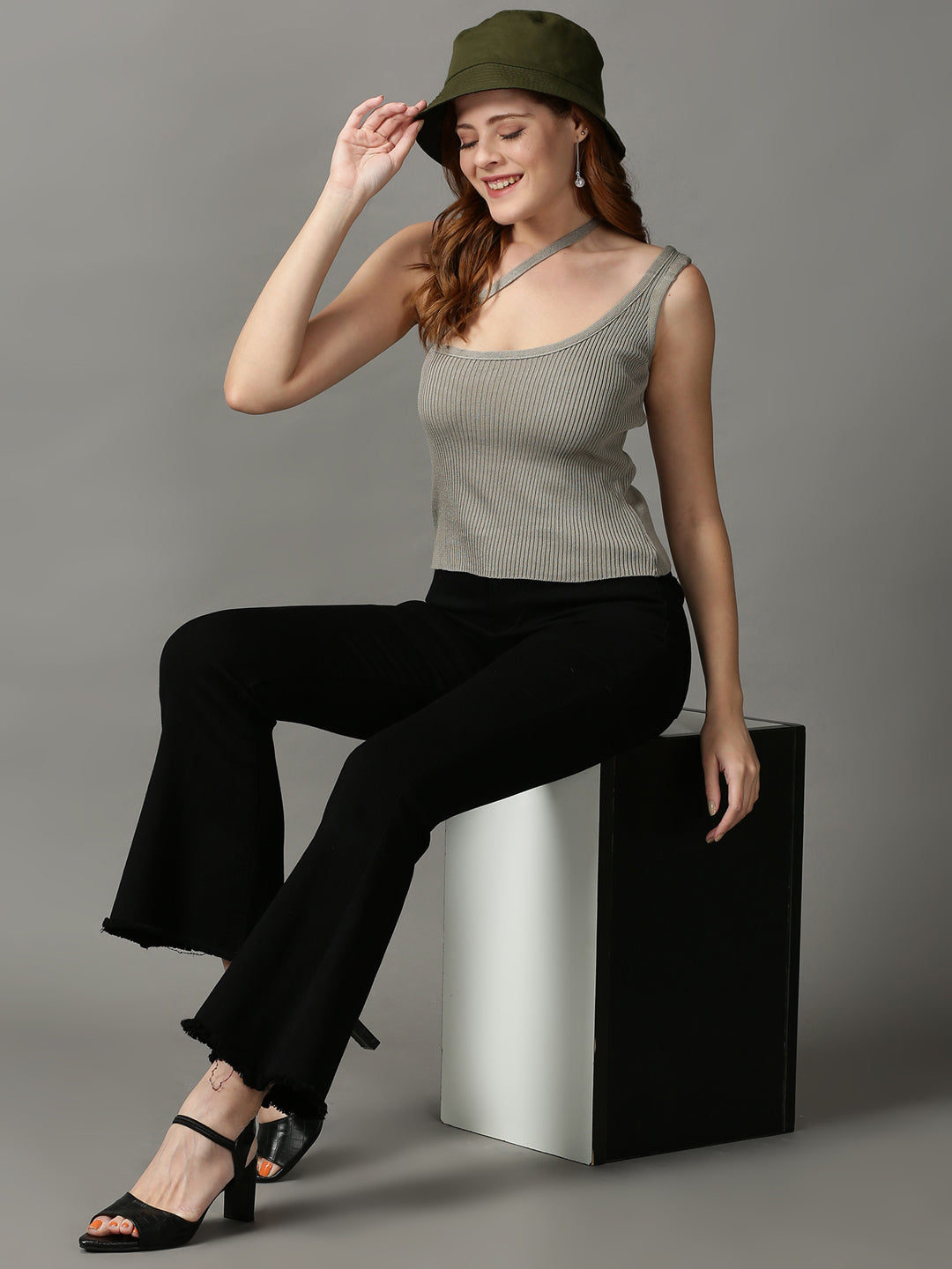 Women's Grey Shoulder Straps Fitted Acrylic Top