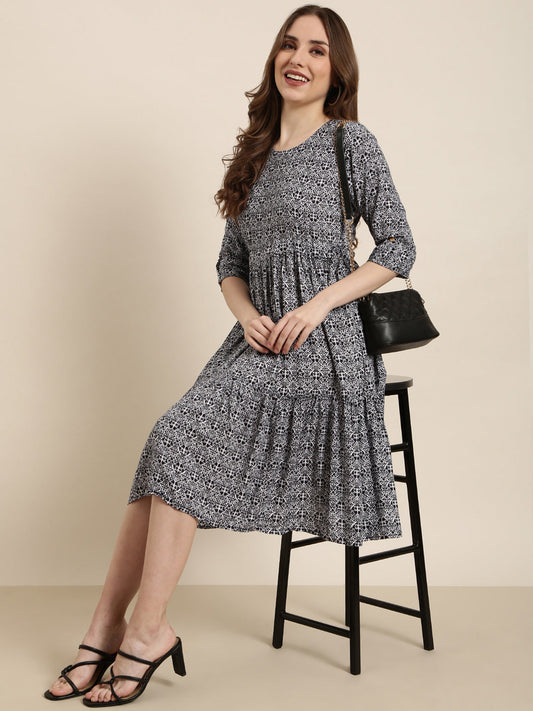 Women's Navy Blue Ethnic Motifs Print Fit & Flare Midi Dress
