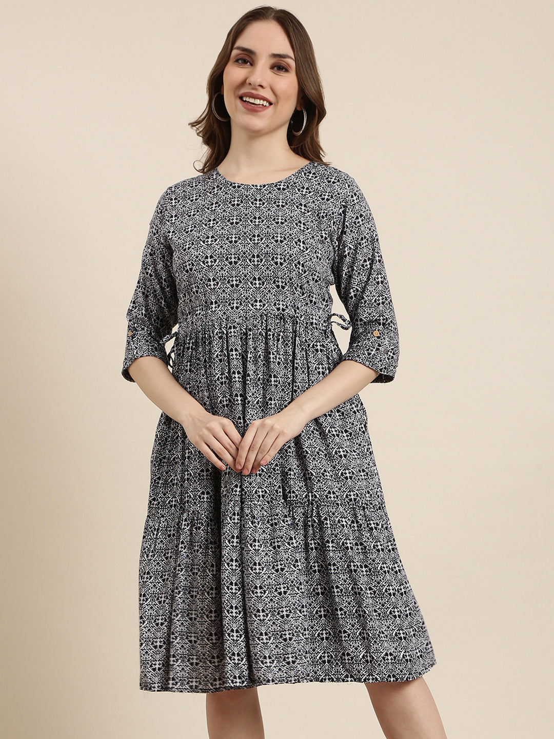 Women's Navy Blue Ethnic Motifs Print Fit & Flare Midi Dress