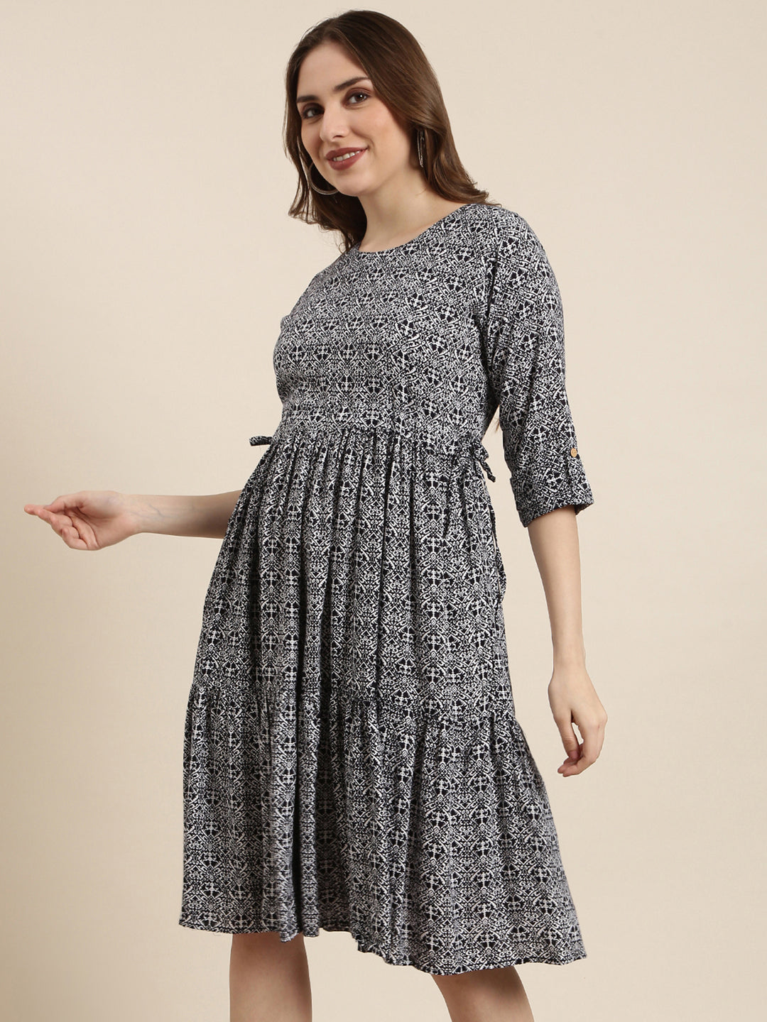 Women's Navy Blue Ethnic Motifs Print Fit & Flare Midi Dress