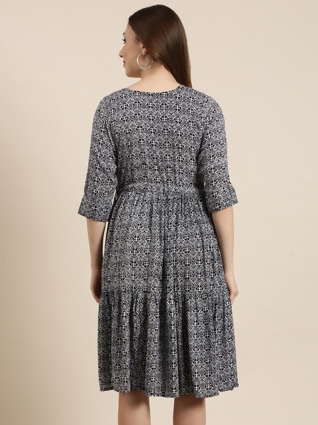 Women's Navy Blue Ethnic Motifs Print Fit & Flare Midi Dress