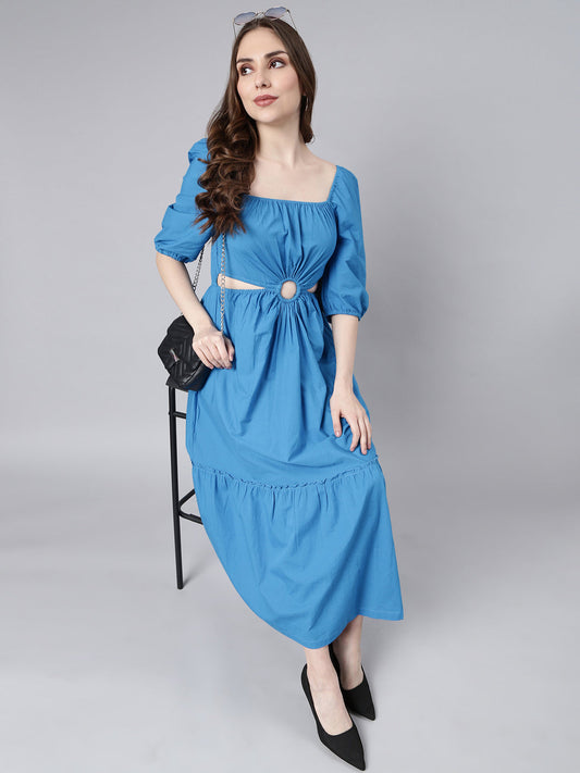 Women's Blue Cotton Square Neck Puff Sleeve Fit and Flare Dress