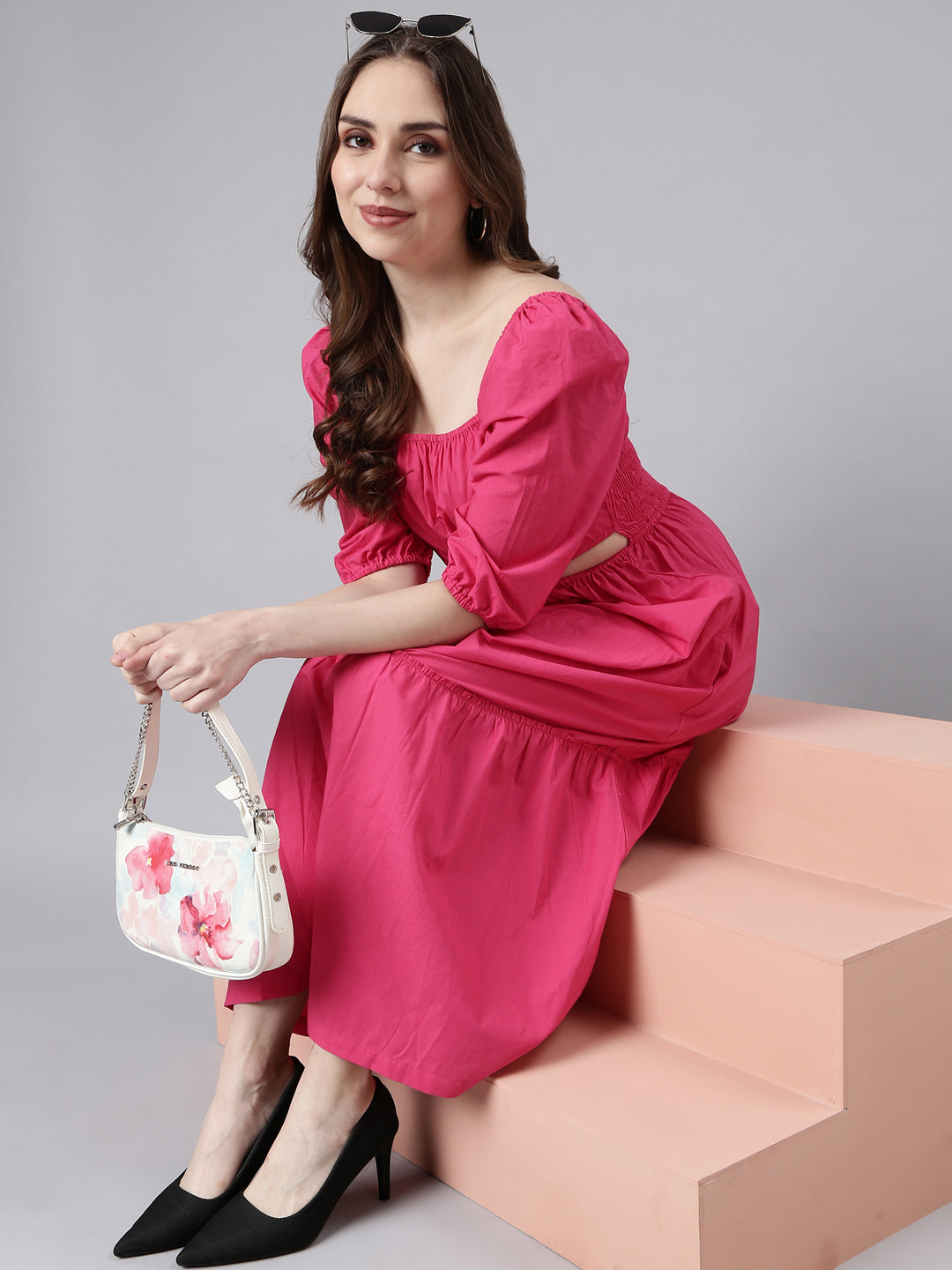 Women's Pink Fit & Flare Cotton Midi Dress