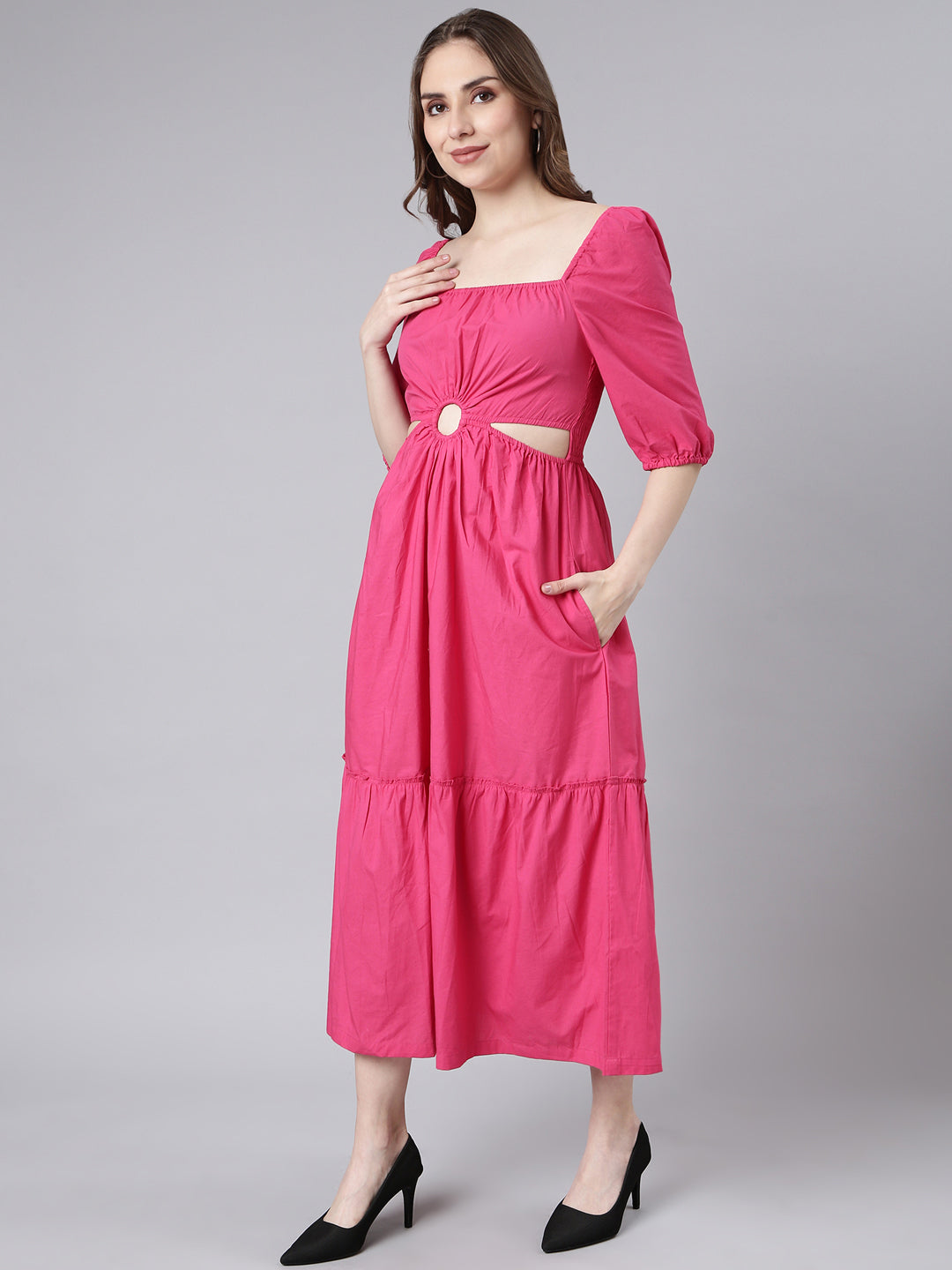 Women's Pink Fit & Flare Cotton Midi Dress
