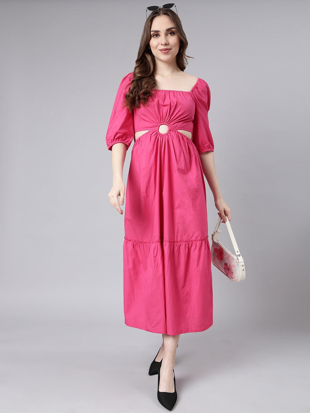 Women's Pink Fit & Flare Cotton Midi Dress