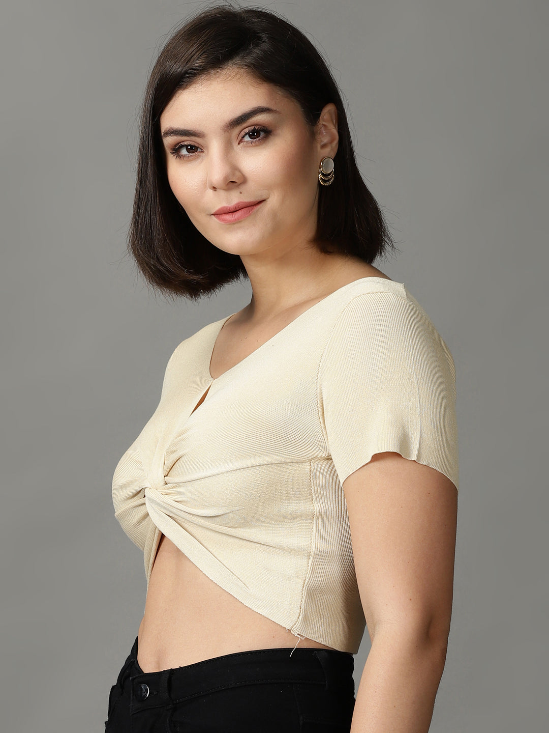Women's Beige V-Neck Twisted Crop Top