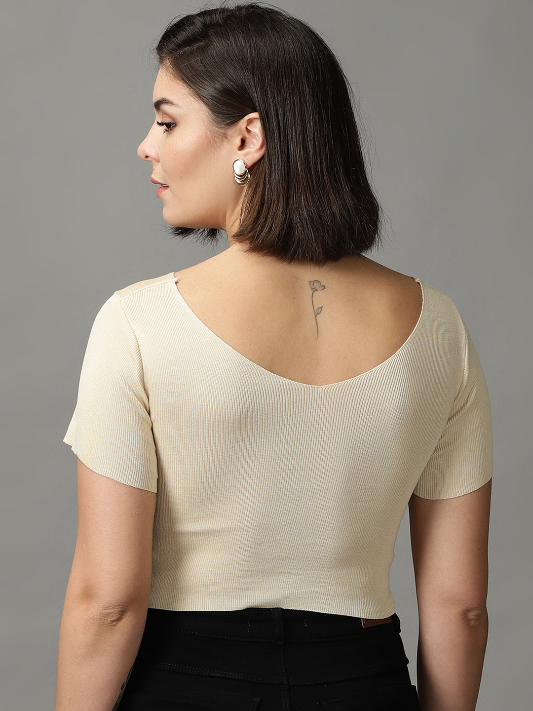 Women's Beige V-Neck Twisted Crop Top