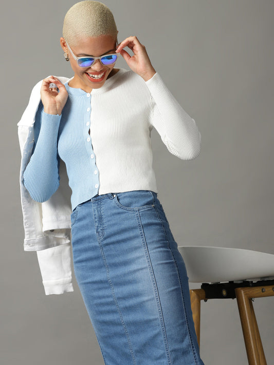 Women's White Colour blocked Fitted Crop Top