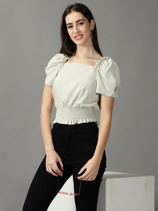 Women's Green Studded Blouson Crop Top