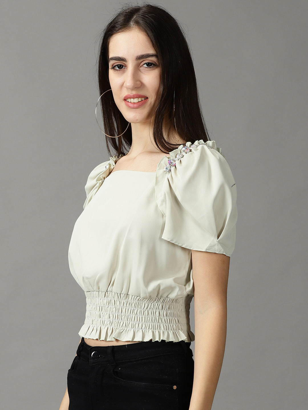 Women's Green Studded Blouson Crop Top