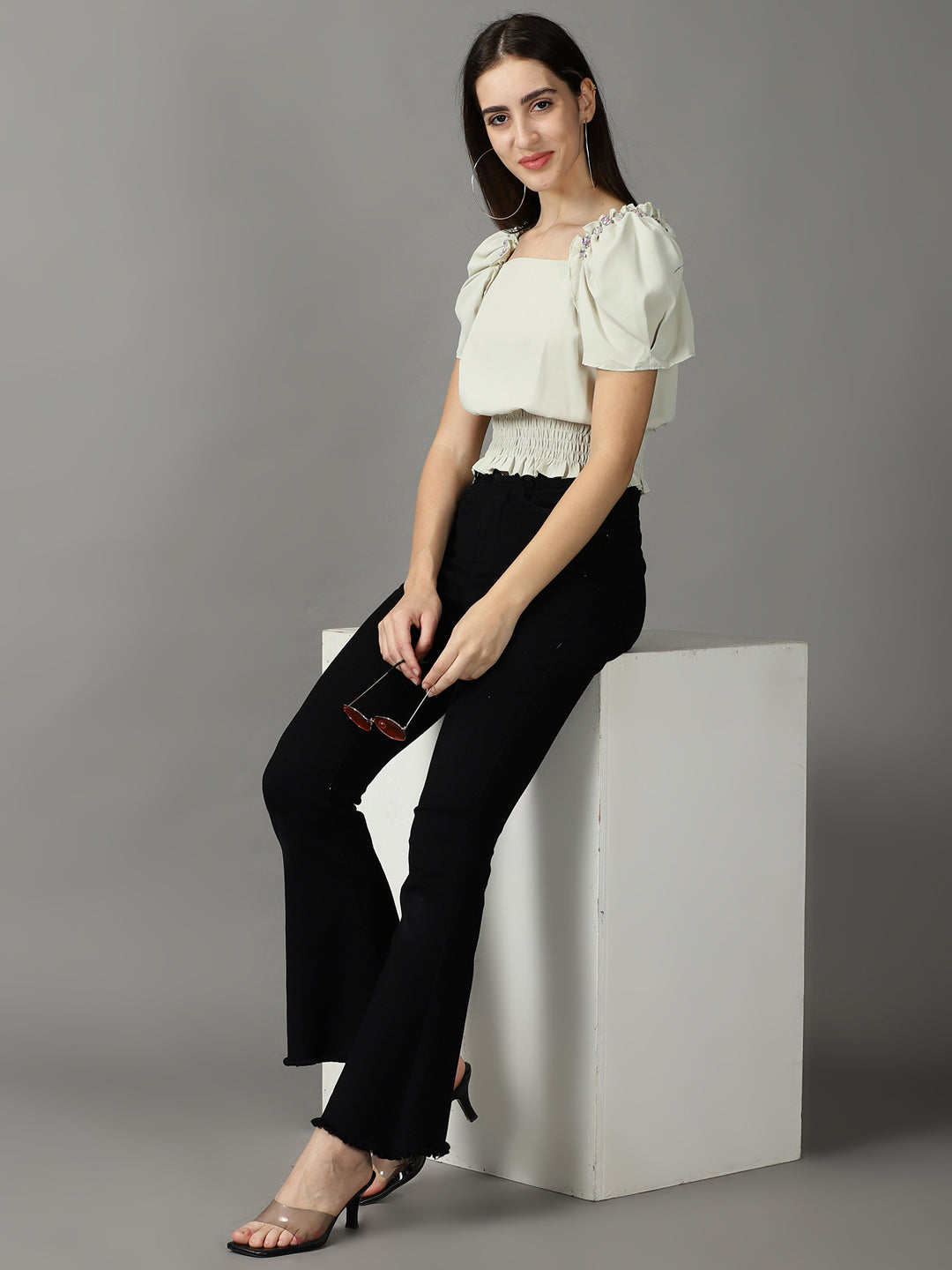 Women's Green Studded Blouson Crop Top