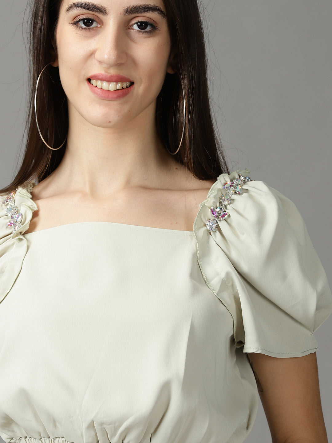 Women's Green Studded Blouson Crop Top