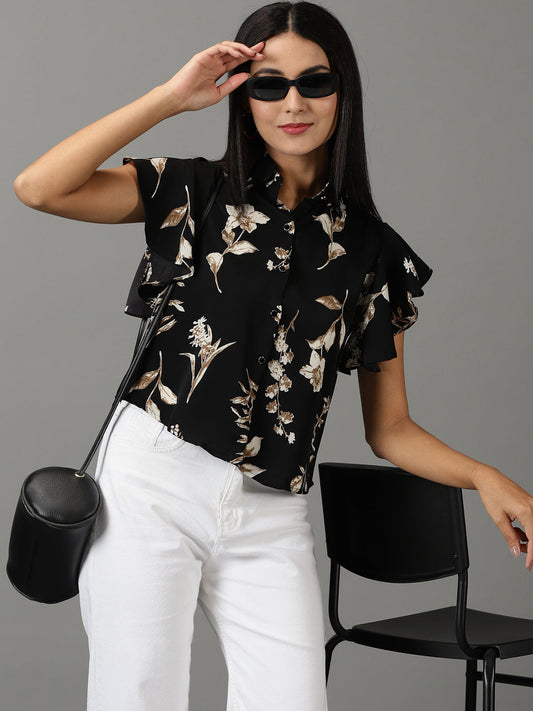 Women's Black Spread Collar Floral Printed Casual Shirt